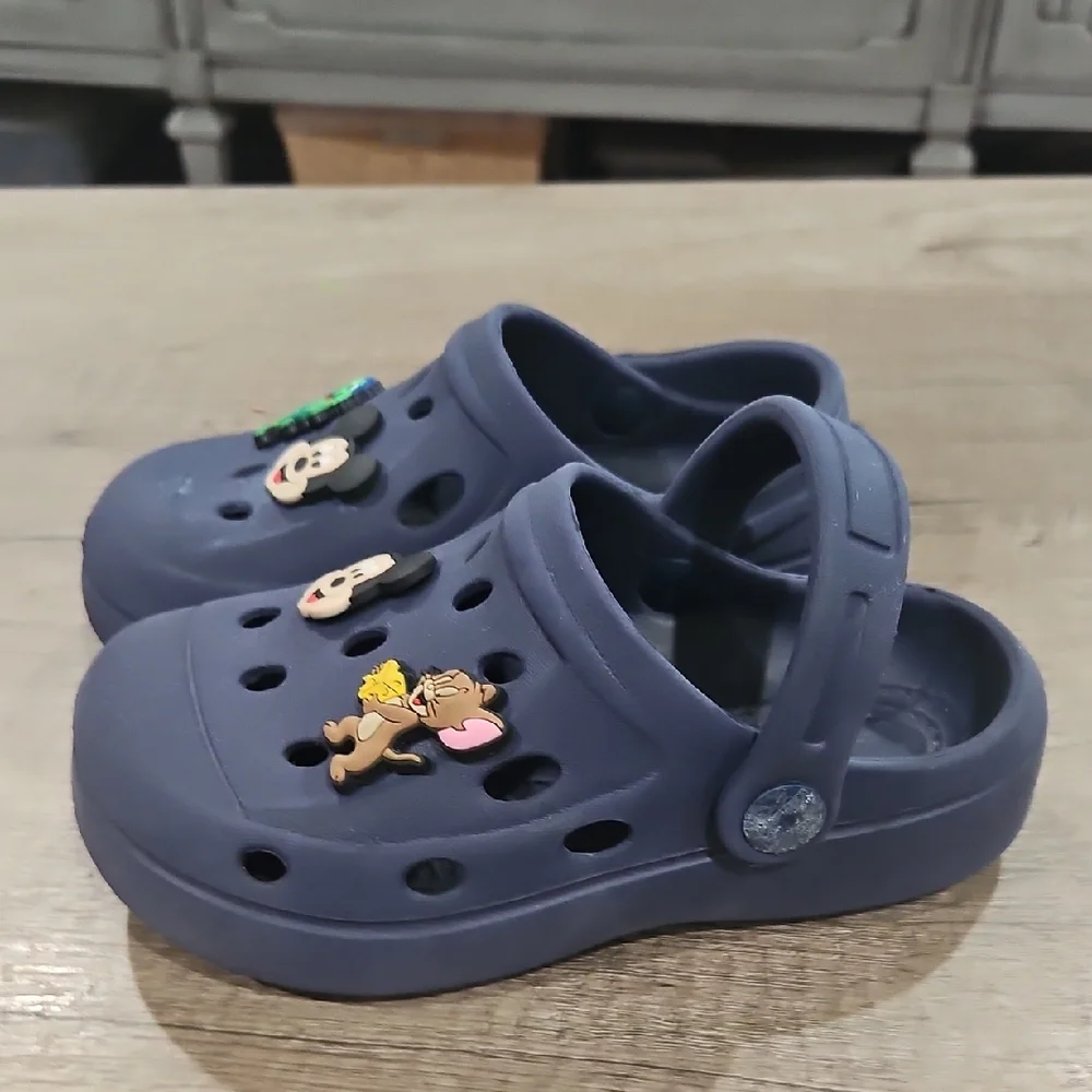 Kids Navy Blue Clogs with Cartoon Charms size 9